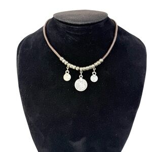 Vintage Brown Leather Choker Necklace with SilverToned Beads & Coin Charms 12.5”